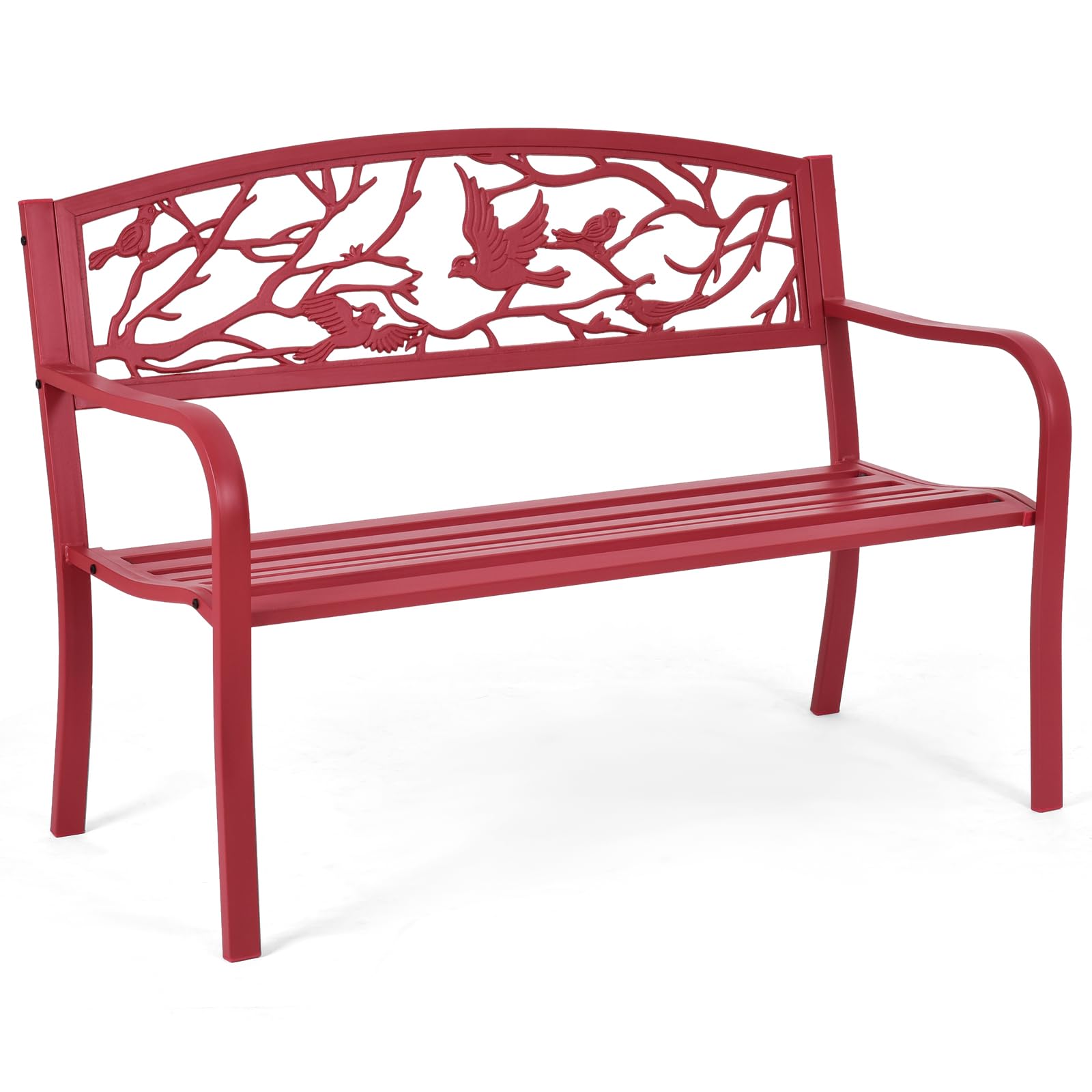 Tangkula Metal Outdoor Garden Bench Park Bench with Bird & Twig Cast Iron Back Pattern